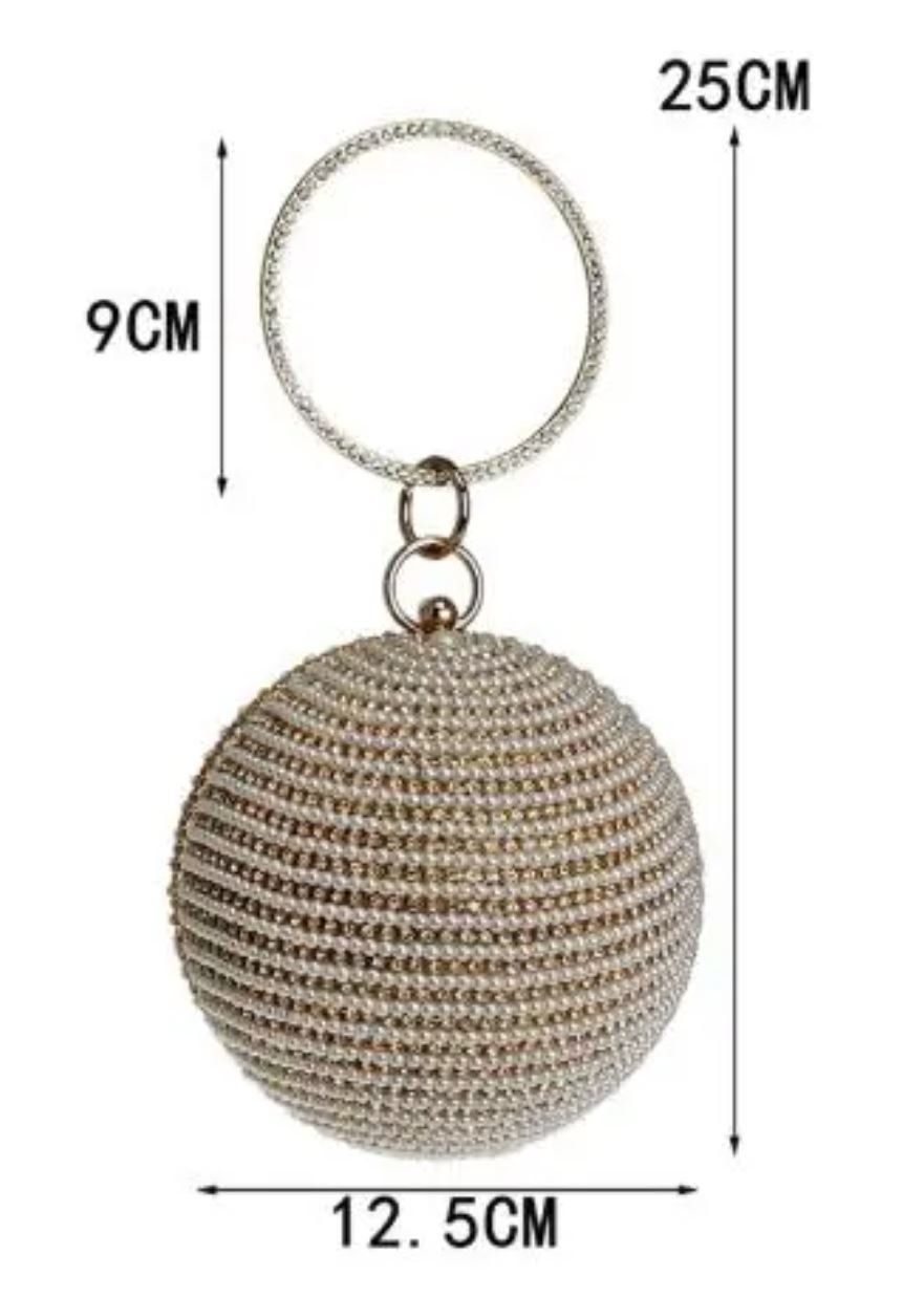sac design type sphérique perles grises, indiquant hauteur largeur profondeur