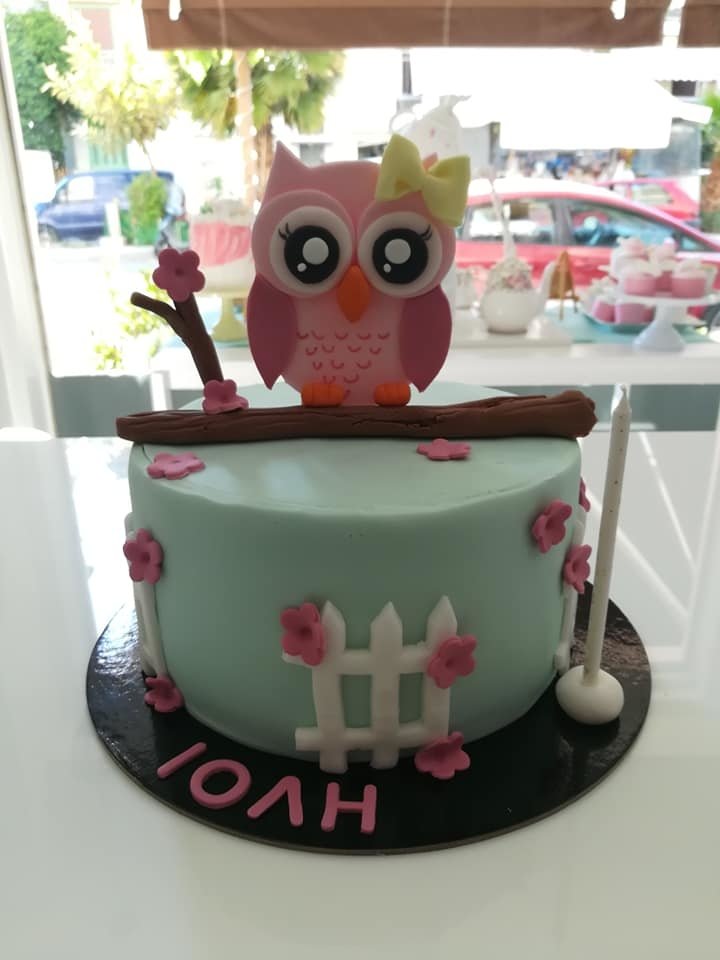 τούρτα από ζαχαρόπαστα ροζ κουκουβάγια theme cake pink owl, Ζαχαροπλαστεία στη καλαμάτα madame charlotte, τούρτες γεννεθλίων γάμου βάπτησης παιδικές θεματικές birthday theme party cake 2d 3d confectionery patisserie kalamata