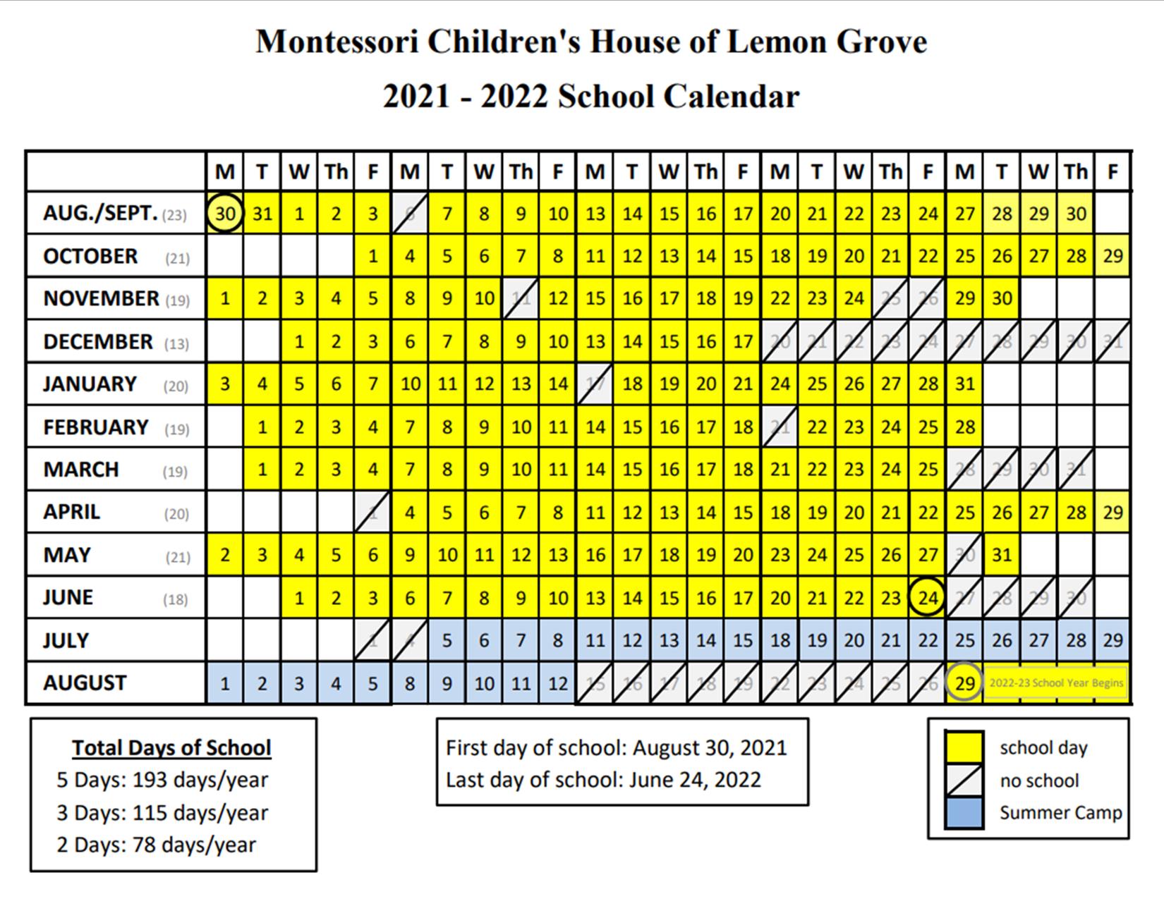 2023 2024 Academic Calendar Ucsd Montessori Children's House Of Lemon Grove -
