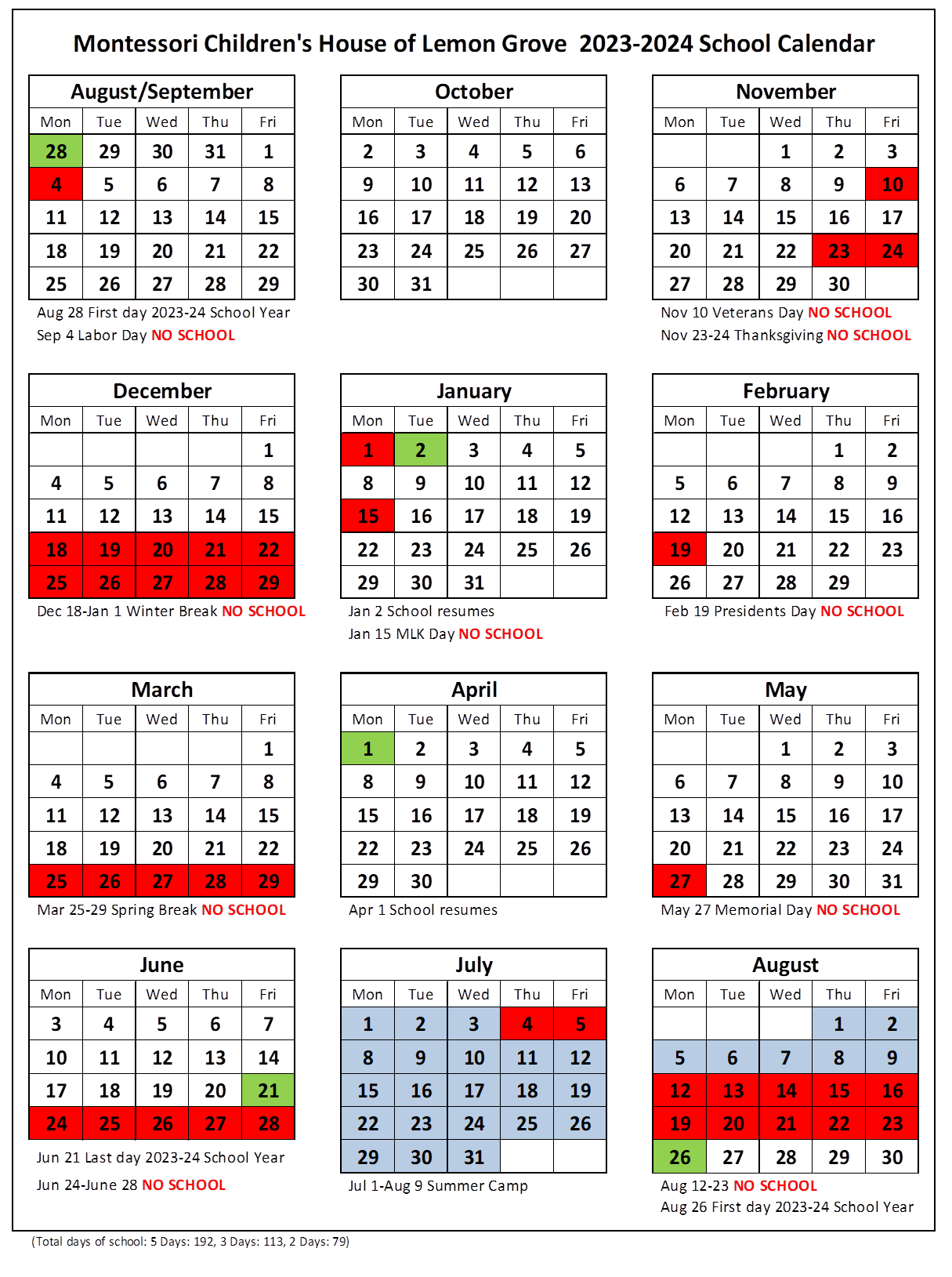 20232024 School Year Calendar Montessori Children's House of Lemon Grove