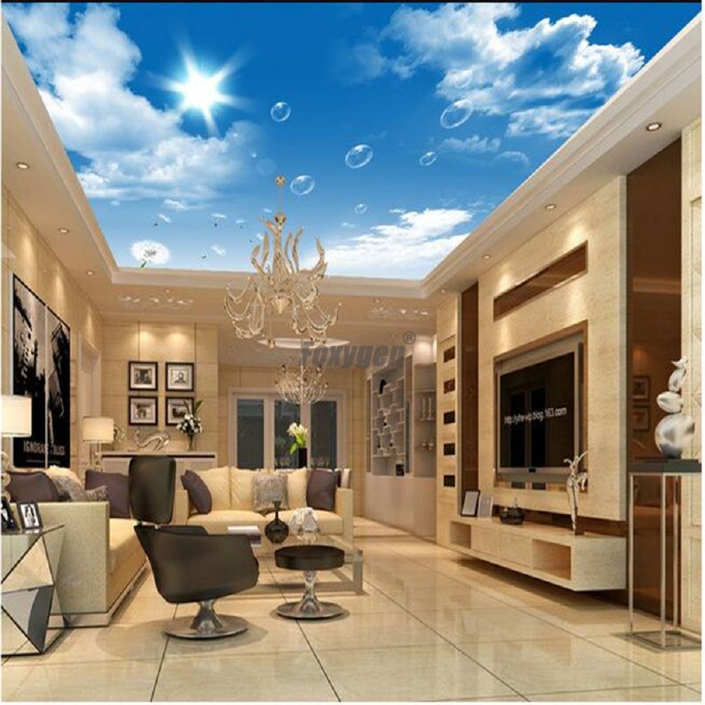 House Modern False Ceiling Blue Sky Clouds Sunshine Print 3D Transparent PVC Ceiling Design