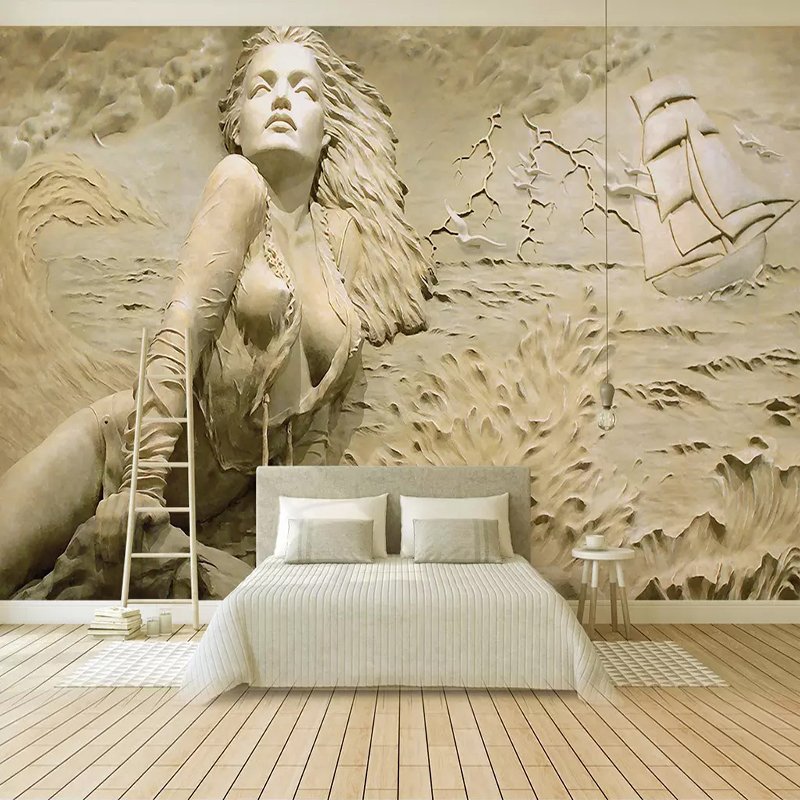 Custom Wall Mural Art Wall Painting European Style Golden 3D Stereoscopic Relief Sea Wave Sailboat Beauty Photo Wallpaper Murals 