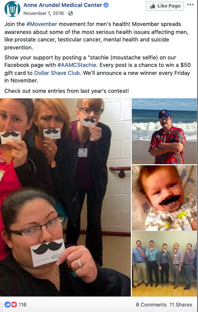 Участники конкурса Facebook Stachie на тему Медицинского центра Анны Арундел на Facebook публикуют свои фотографии с настоящими и поддельными усами.