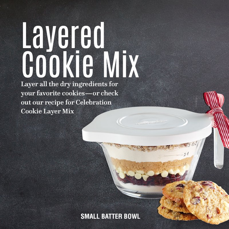 Layered cookie mix in small batch bowl 