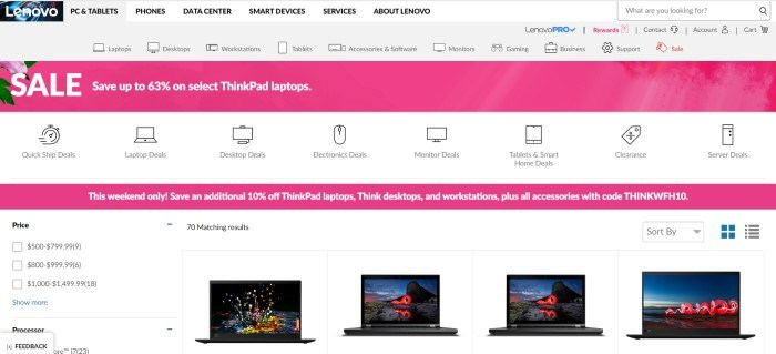 This screenshot of the home page for Lenovo has a gray background and navigation bar, along with two pink bars announcing sales on laptops, as well as a row of small images of open laptops.