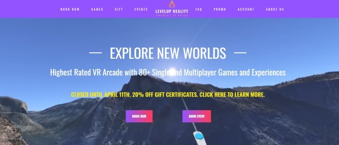 This screenshot of the home page for Levelup Reality has a purple header above a main section with a virtual reality screen showing a mountainside on a sunny day, behind white text inviting customers to explore new worlds and two pink and purple call to action buttons for booking events.