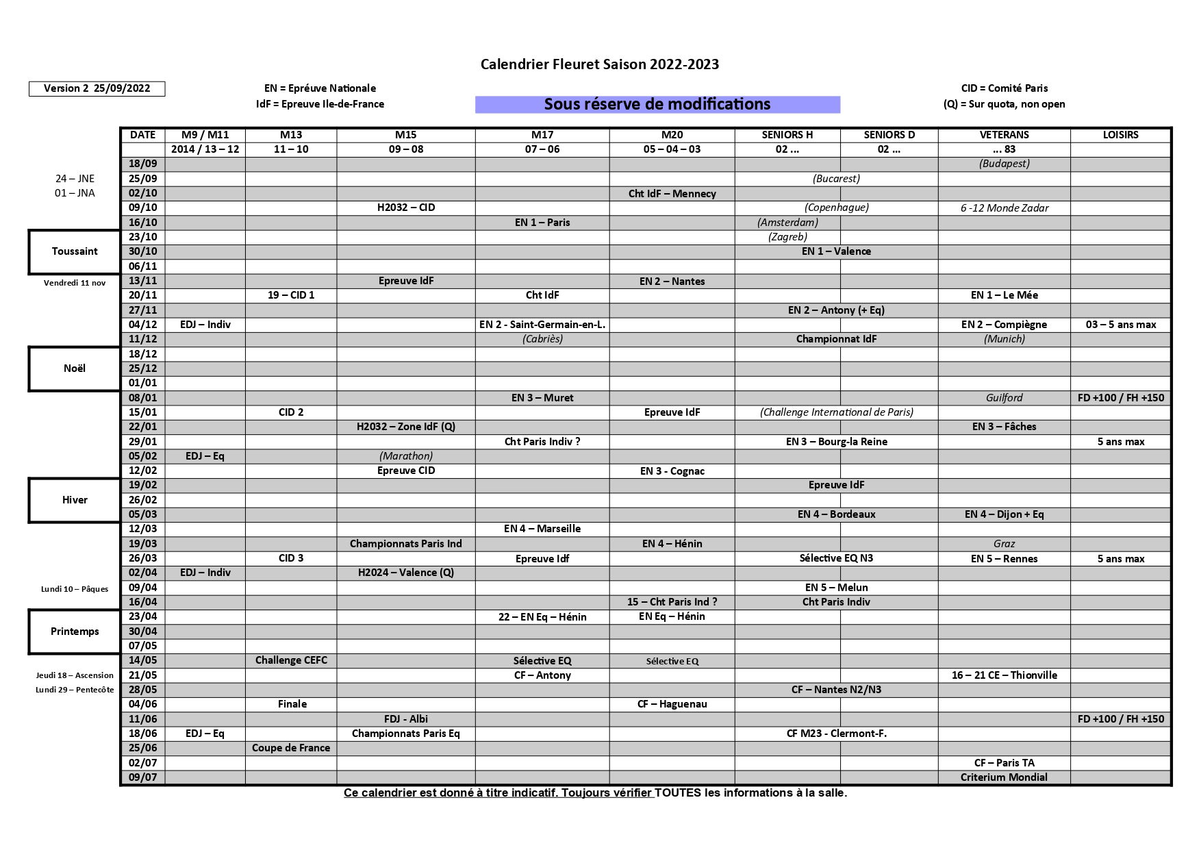 Calendrier 2022-2023 - EPN