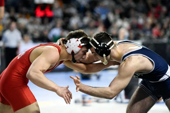 Robert Kanniard of Wall, left, and Tony Asatrian of Paramus wrestle in a 160-pound bout on Day 2 of the NJSIAA state wrestling tournament on Friday, March 1, 2019, in Atlantic City.