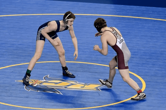 Aaron Ayzerov of Paramus, left, faces Kyle Tino of Phillipsburg in a 138-pound wrestle-back match on Day 2 of the NJSIAA state wrestling tournament on Friday, March 1, 2019, in Atlantic City.