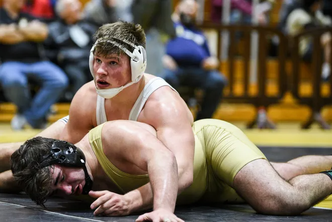 The BCCA Holiday Wrestling Tournament at Hackensack High School on Saturday December 28, 2019. Kyle Jacob of Paramus High School beat Mike Toranzo of St. Joseph in the 220 lb. match to become the champion. 
