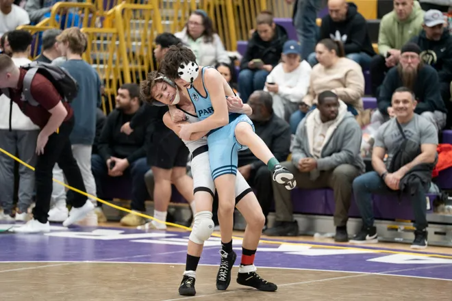 Jan 20, 2024; Garfield, NJ, USA; Day 1 of the Bergen County wrestling tournament at Garfield Middle School. Nico Carvajal (Hasbrouck Heights) and Daniel Elyash (Paramus) in their 106 pound match.