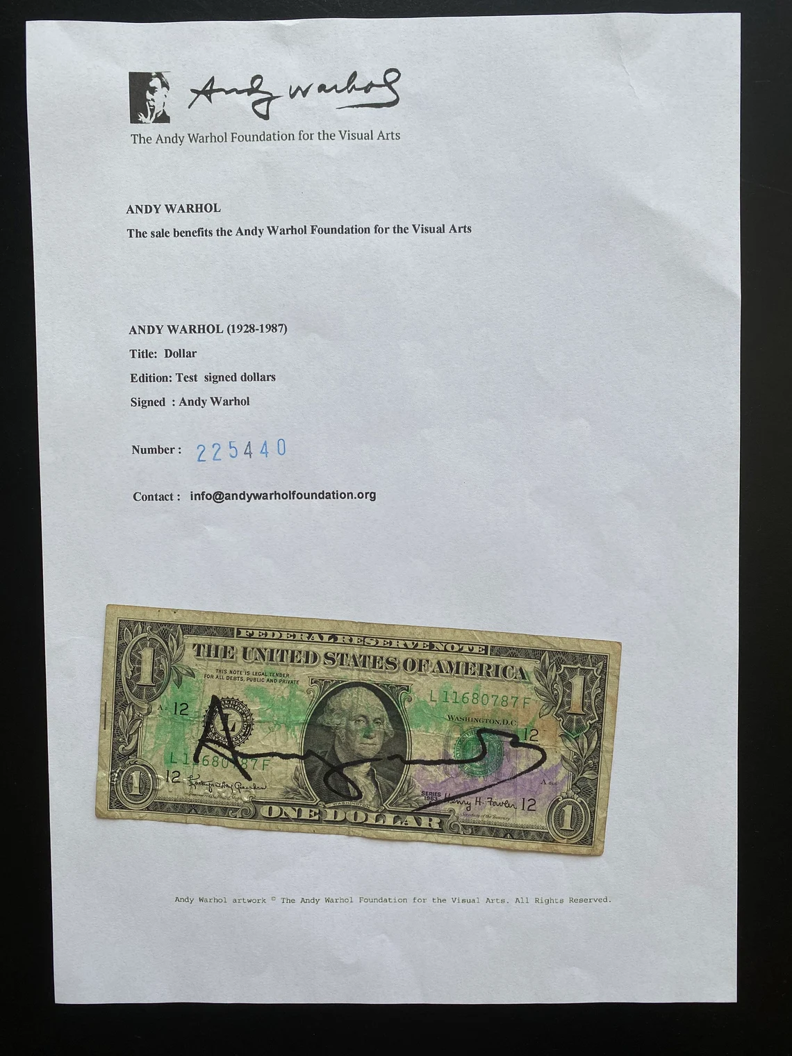 Fake Andy Warhol authentication certificate