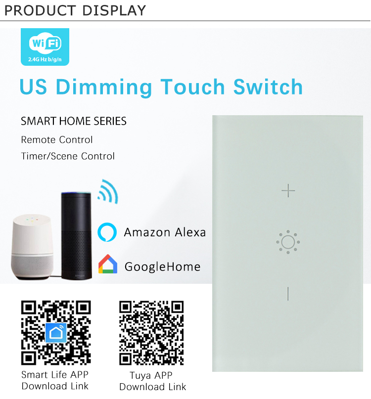 US Wireless Remote Controlled Tempered Glass Dimmer Switch Supports Tuya APP Smart Home Security System