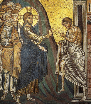Jésus guérit un lépreux, mosaïque médiévale, Sicile, cathédrale de Monreale, XIIe-XIIIe s.