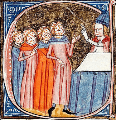 Détail d'un - C - initial historié : Clercs atteints de lèpre recevant des instructions d'un évêque, Omne Bonum, James Palmer, XIVe siècle, Londres, British Library.
