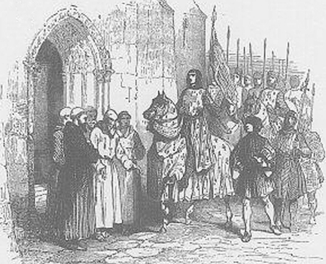 Le roi Louis le Jeune fait une halte au clos Saint-Lazare en 1117, alors qu'il part pour la croisade. L'agrandissement montre une photographie de la léproserie Saint Lazare devenue, au XVIIe siècle, le siège de l'église Saint-Vincent-de-Paul, BnF.
