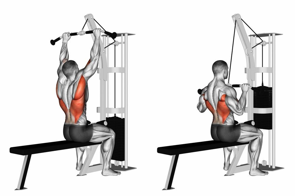 3D Illustration of man performing wide grip lat pull down 