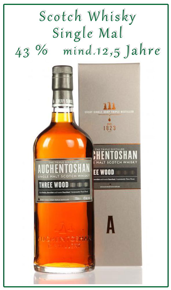 Das ist der kräftige Three Wood von Auchentoshan. Nach etwa 10 Jahren Reifung in Ex-Bourbonfässern erfolgt eine Nachreifung für 2 Jahre im Oloroso Sherryfass bevor es für 6 weitere Monate zur Schlussreifung in ein süßes Pedro Ximenez Sherryfass geht.