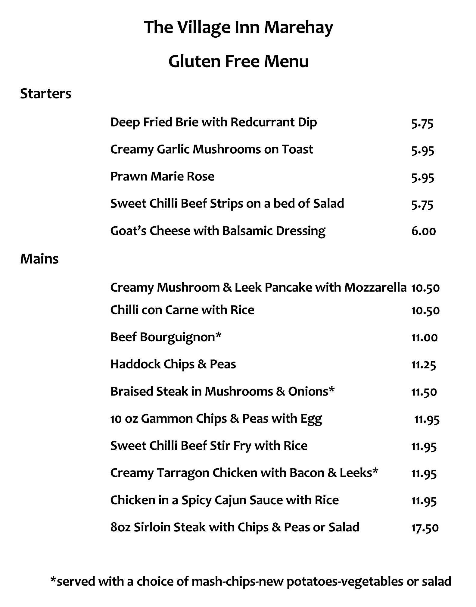 Gluten Free Menu The Village Inn Marehay