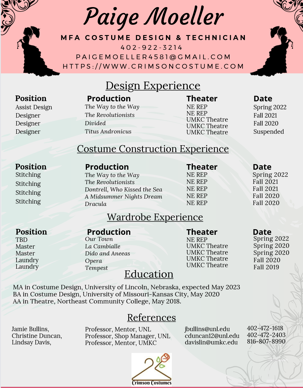 Resume/Transcript CrimsonCostumes