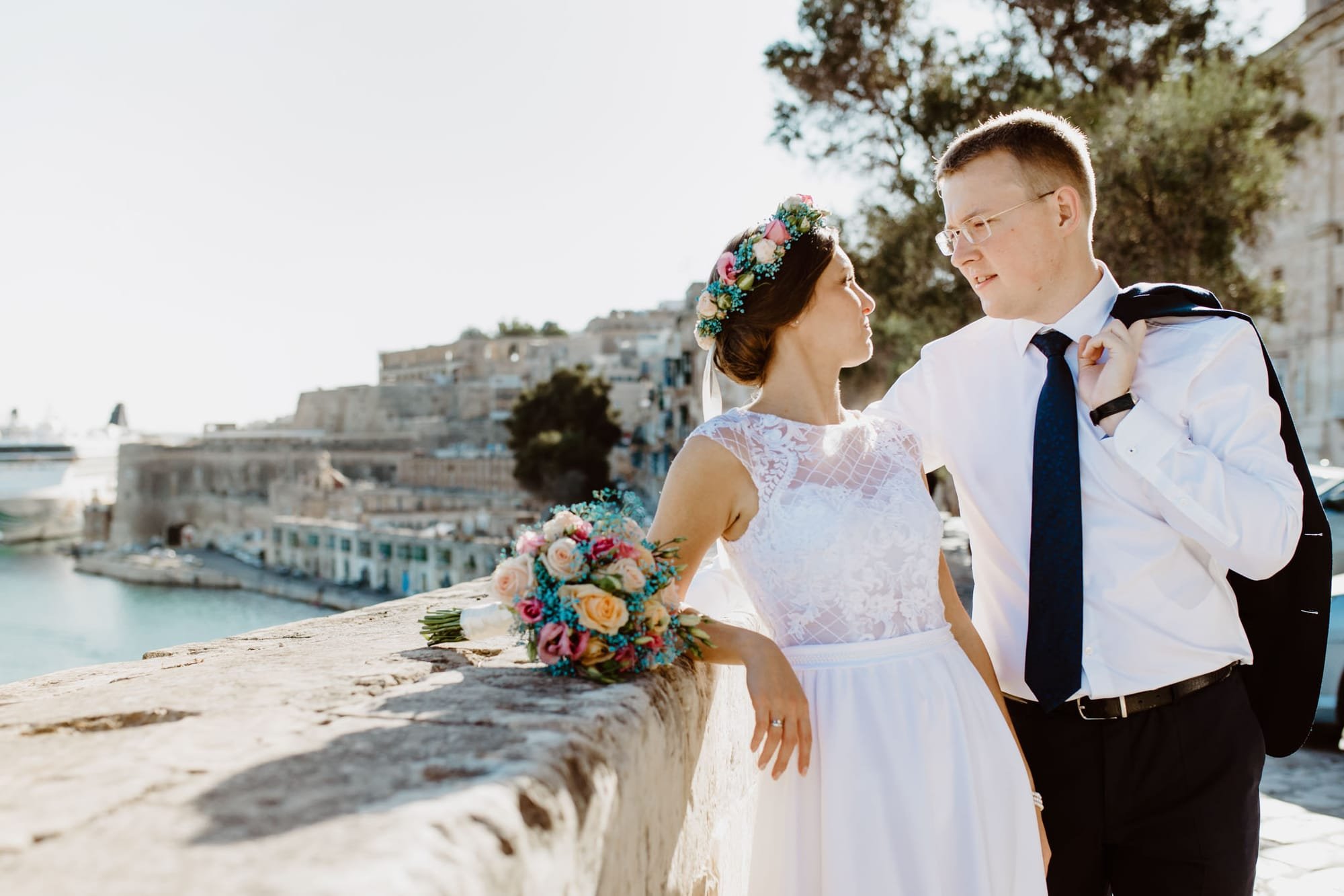 pre wedding session in valletta showing harbour view