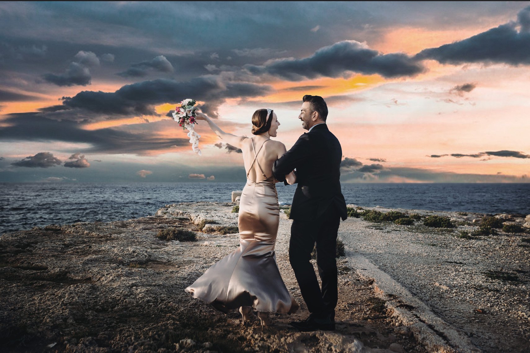 Married couple during a post wedding shoot on a beach in Malta