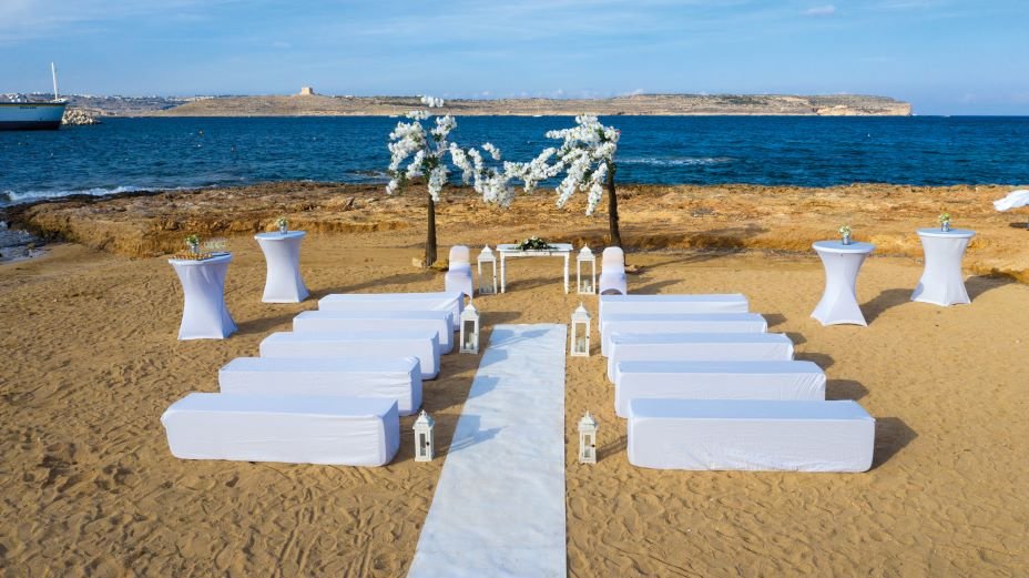 Beach wedding setup at Paradise Bay Resort in Malta