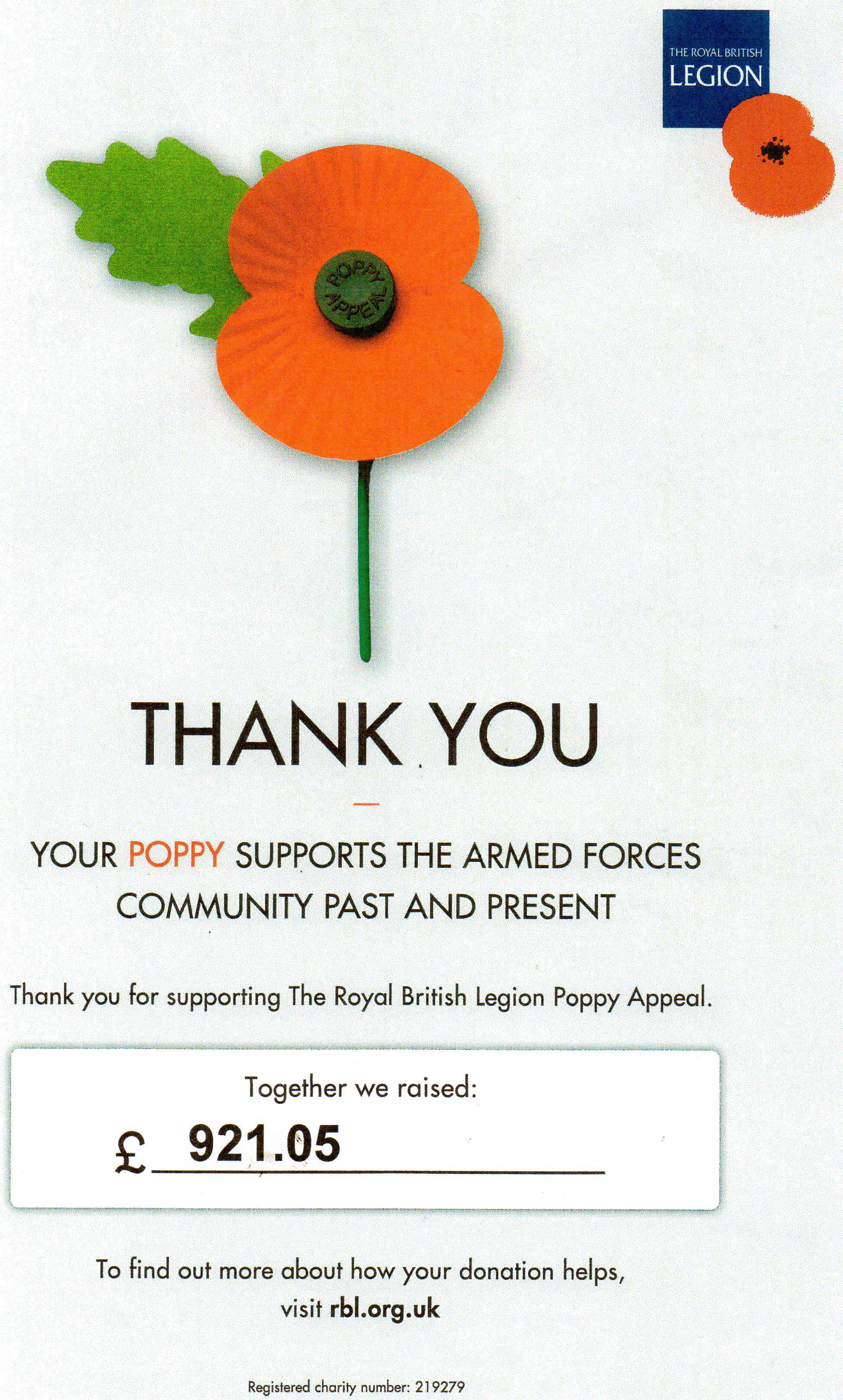 Poppy Appeal total £921.05