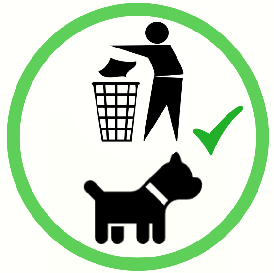 Person placing item in litter bin, Samll Dog and Tick sign inside a green circle