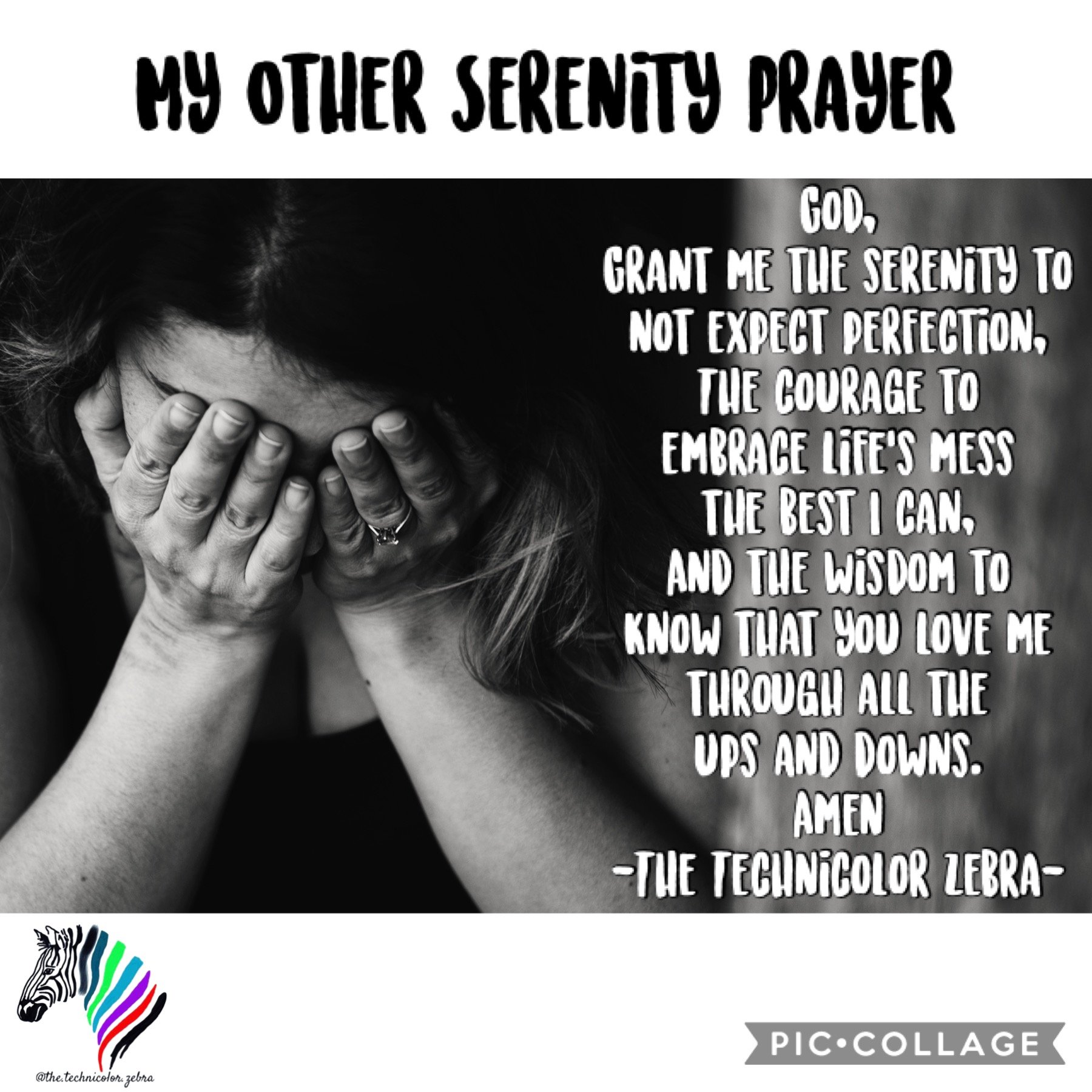 A Girl Covers Her Face With Her Hand, Beside Her Photo is an Alternate Version of the Serenity Prayer
