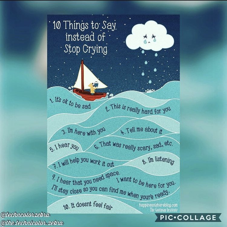 A drawing of a little boat on wavy seas with a cloud crying overhead.  Words are overlaid saying, "10 Things to Say Instead of Stop Crying".