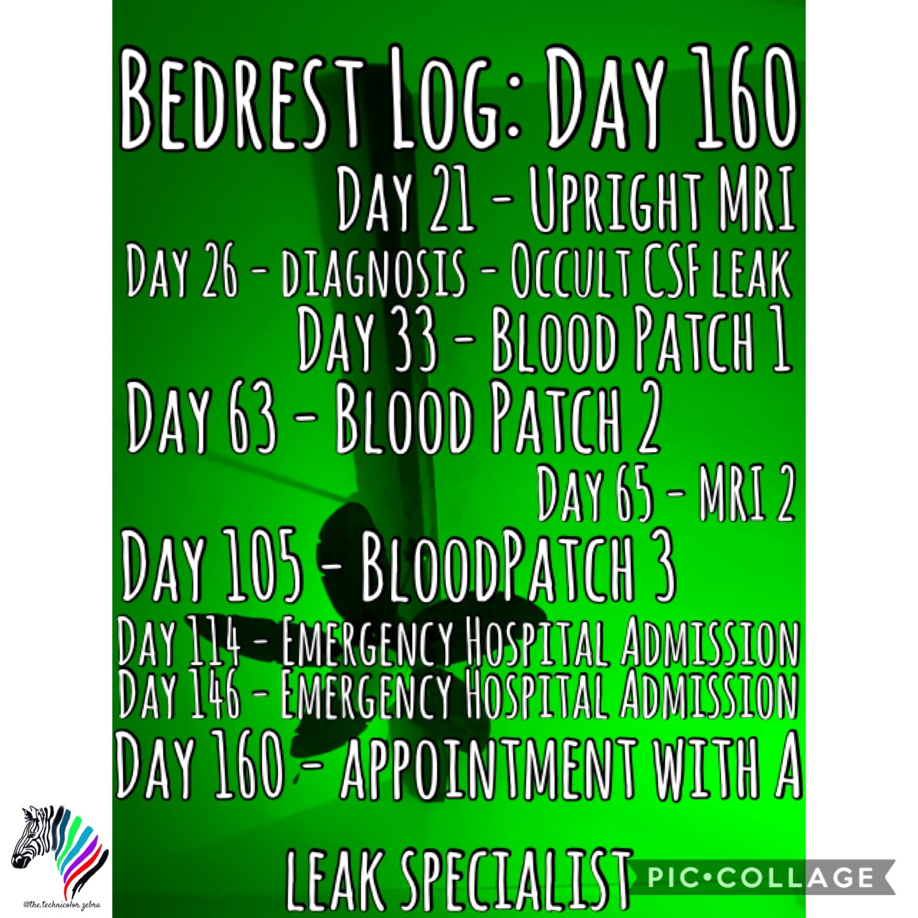 Image of a ceiling with a fan in green light.  Words are overlaid saying "Bedrest Log - Day 160, Day 21 - Upright MRI, Day 26 - Occult CSF Leak Diagnosis, Day 33 - Blood Patch 1, Day 63 - Blood Patch 2, Day 65 - MRI #2, Day 105 - Blood Patch 3, Day 114 - Emergency Hospital Admission, Day 146 - Second Emergency Hospital Admission, Day 160 - Appointment with a CSF Leak Specialist"