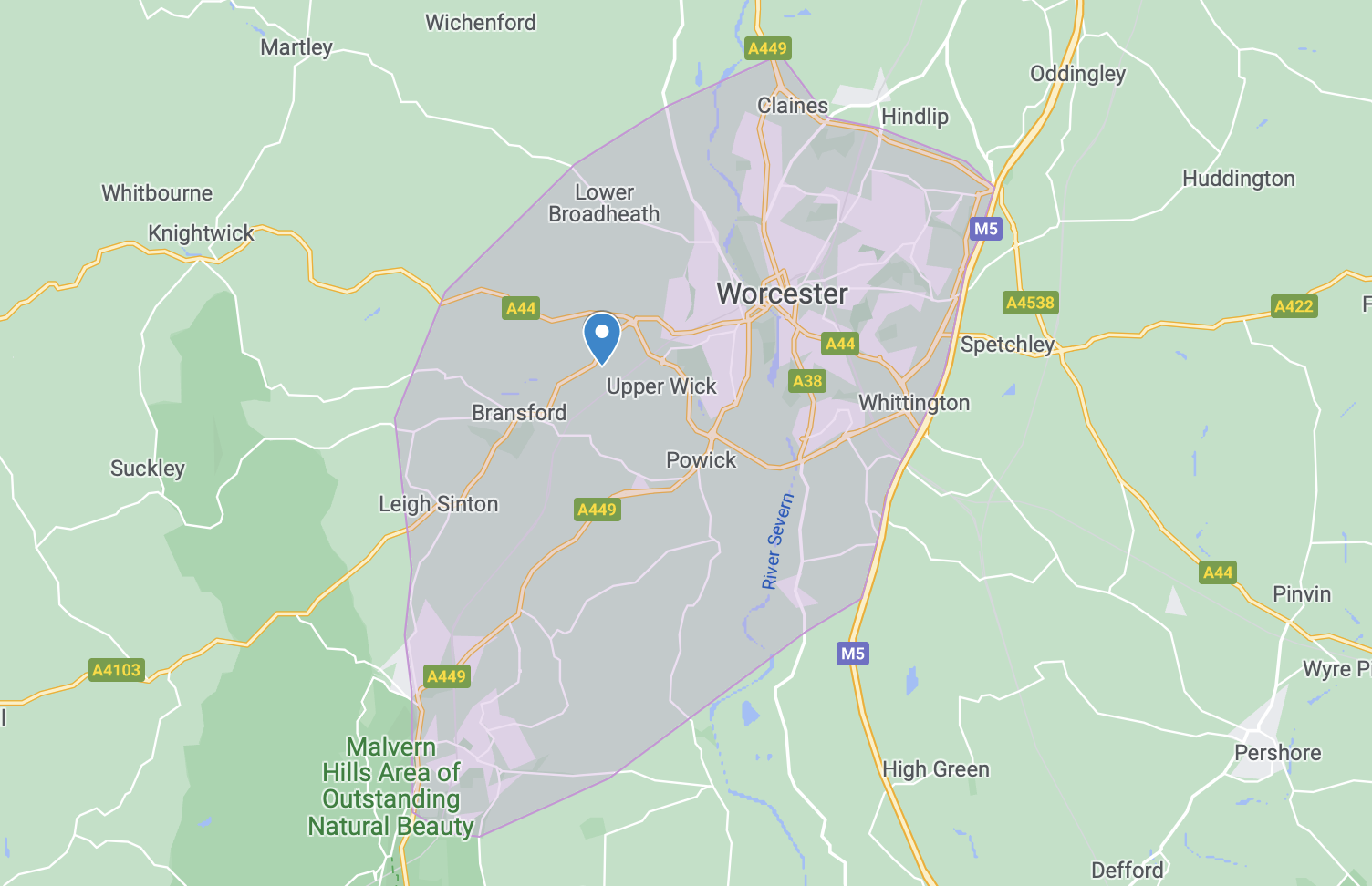A map showing Worcester delivery area from Malvern in the west to the M5 motorway in the east, Claines in the north and Guarlford in the south