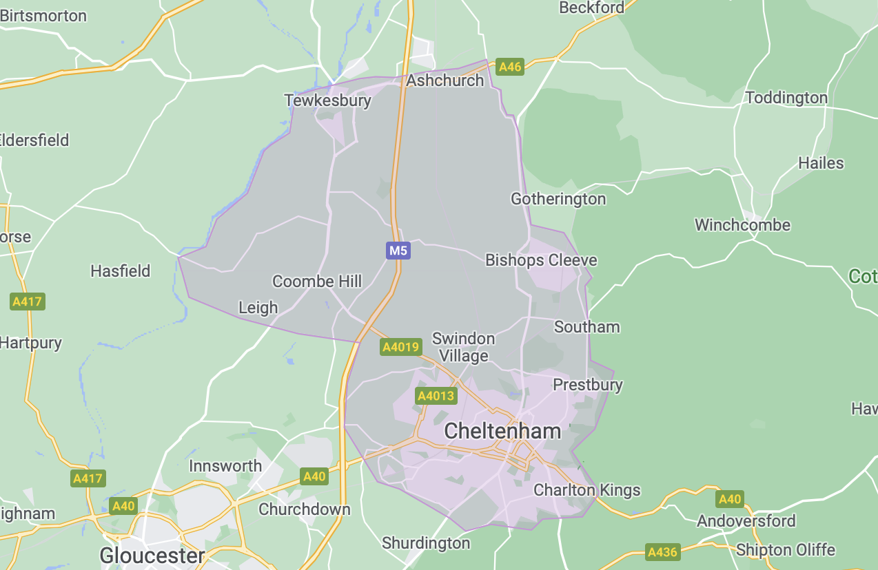 A map showing the Cheltenham delivery area from Ashchurch and Tewksbury in the north to Charlton Kings in the south