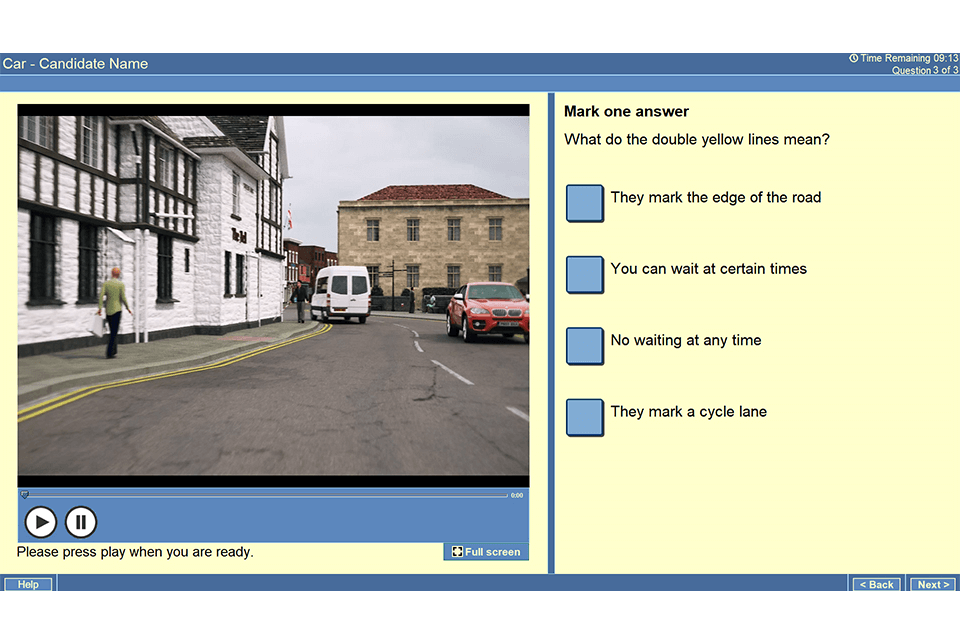 Screenshot of theory test question showing a van parked on double yellow lines with the question 'What do double yellow lines mean?' and 4 possible answers