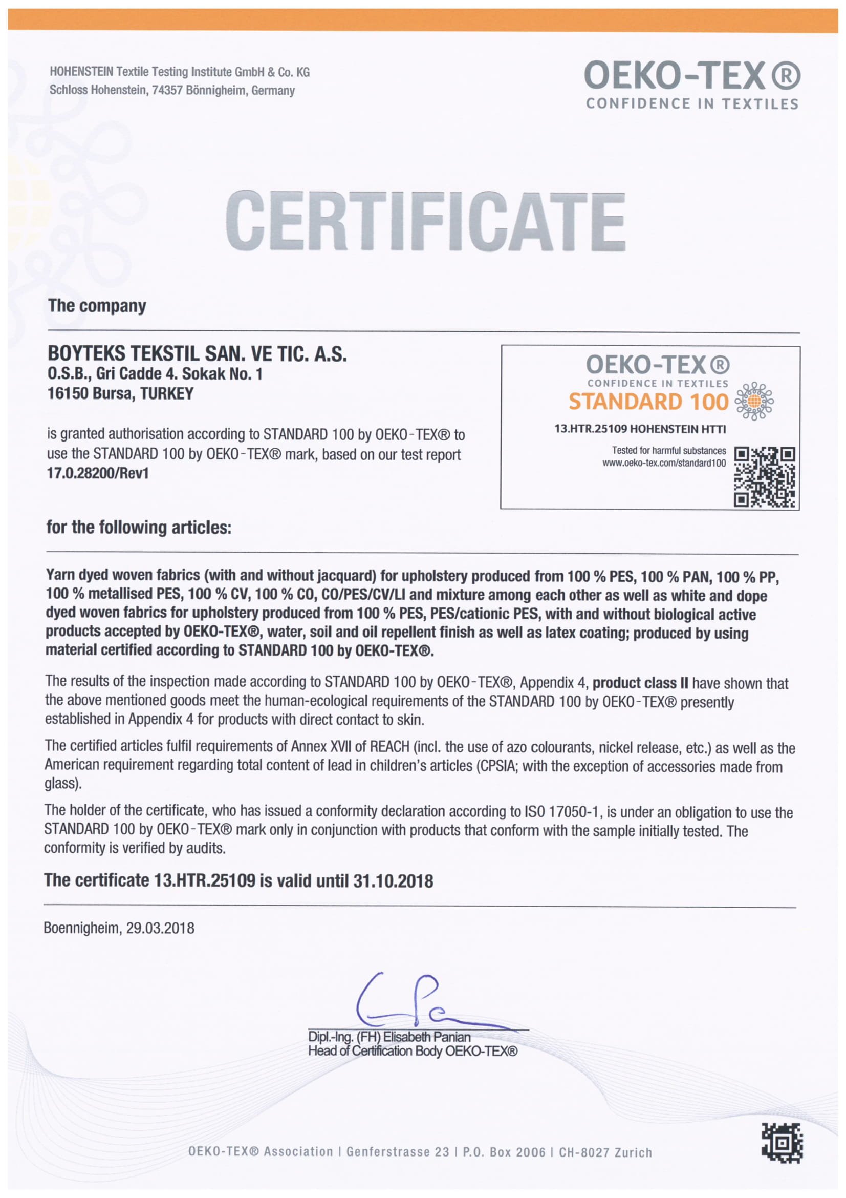 Oeko - Tex Certificate For Upholstered Sofas