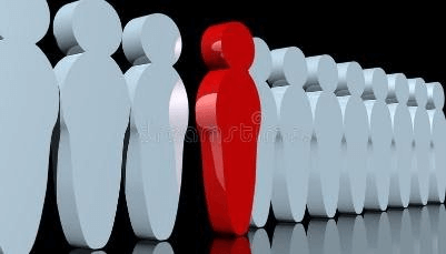 Standing out. Abstract rendering of men-like pawns with one red man standing out vector illustration