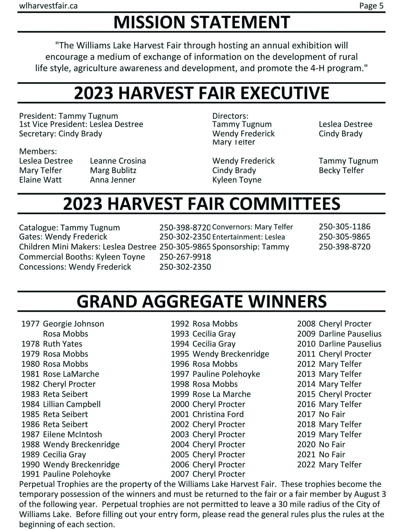 General info for Williams Lake Harvest Fair Exhibitors 2023 - page 1 of 3 