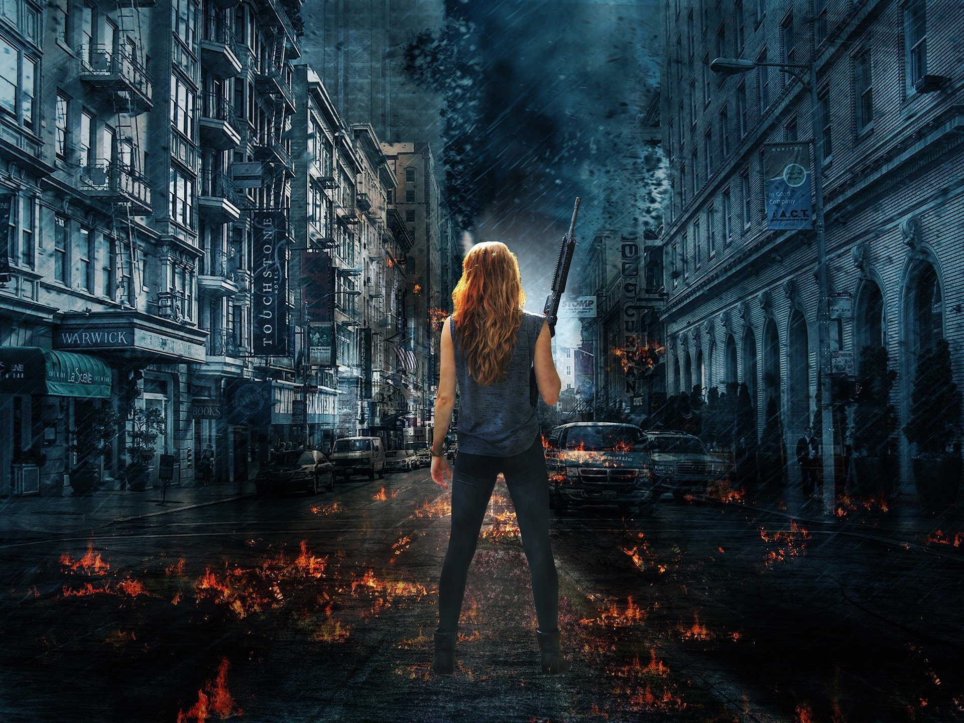 jeune femme de dos avec une épée affrontant une ville noire. Décor de nuit