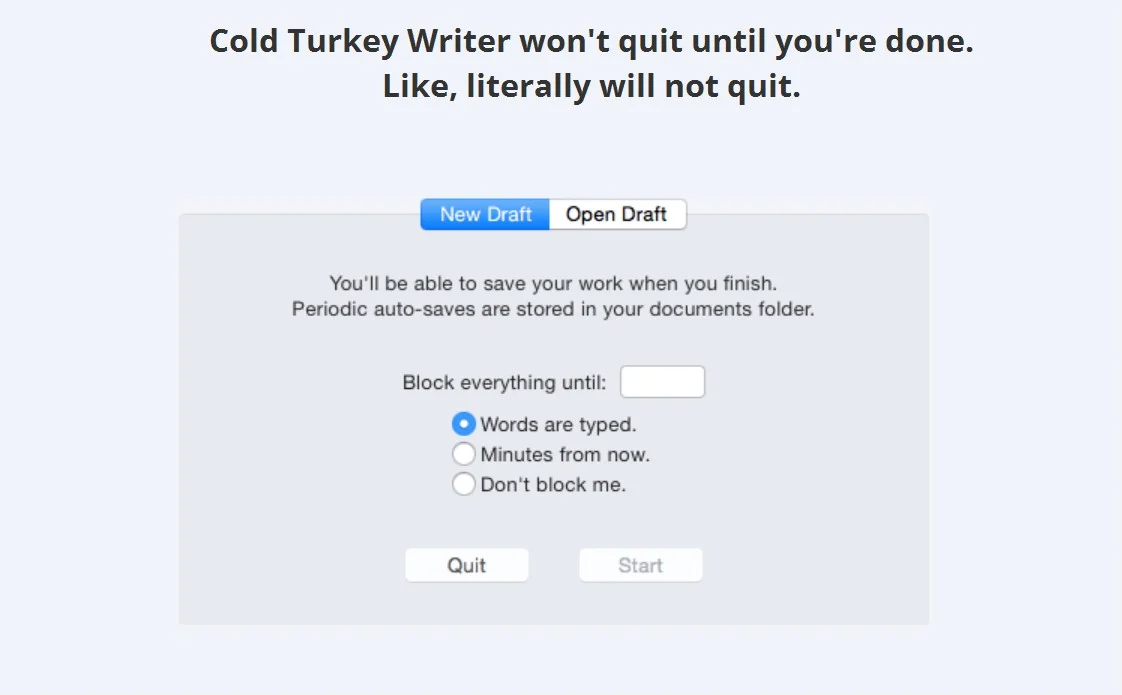 interface de démarrage : cold turkey writer. Choix de l'objectif
