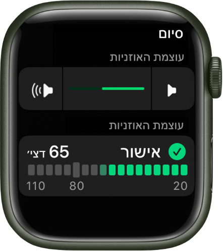 המסך ״עוצמת השמע באוזניות״ עם בקרת עוצמת קול בחלק העליון ומדד מתחתיה שבו מוצגת עוצמת הקול הנוכחית באוזניות. רמת עוצמת הקול היא ‎65 dB ומסומנת כ״תקינה״.
