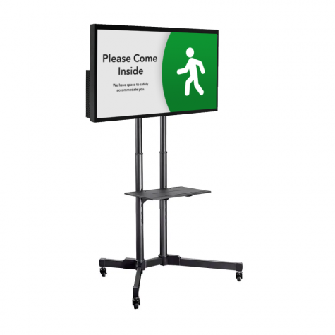 A high-bright digital signage cart with Capacity Control Signage on the screen.