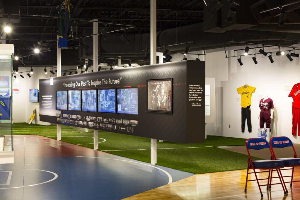 History of events in 5 interactive touchscreens at the Nebraska High School Sports Hall of Fame.