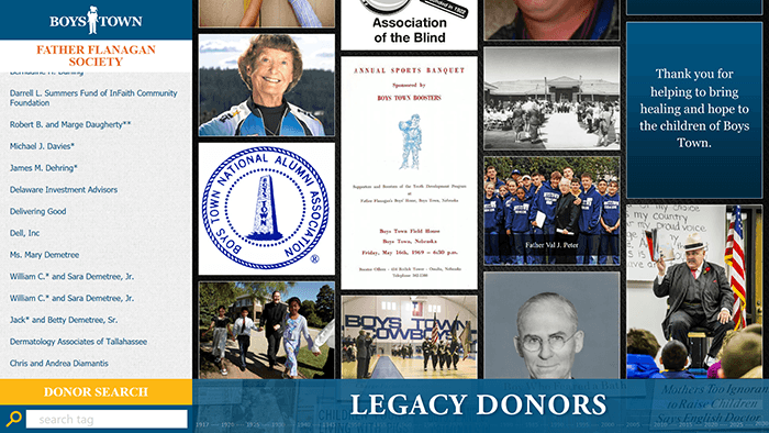 Boys Town's Digital Donor Board used to recognize the gifts given to the organization.