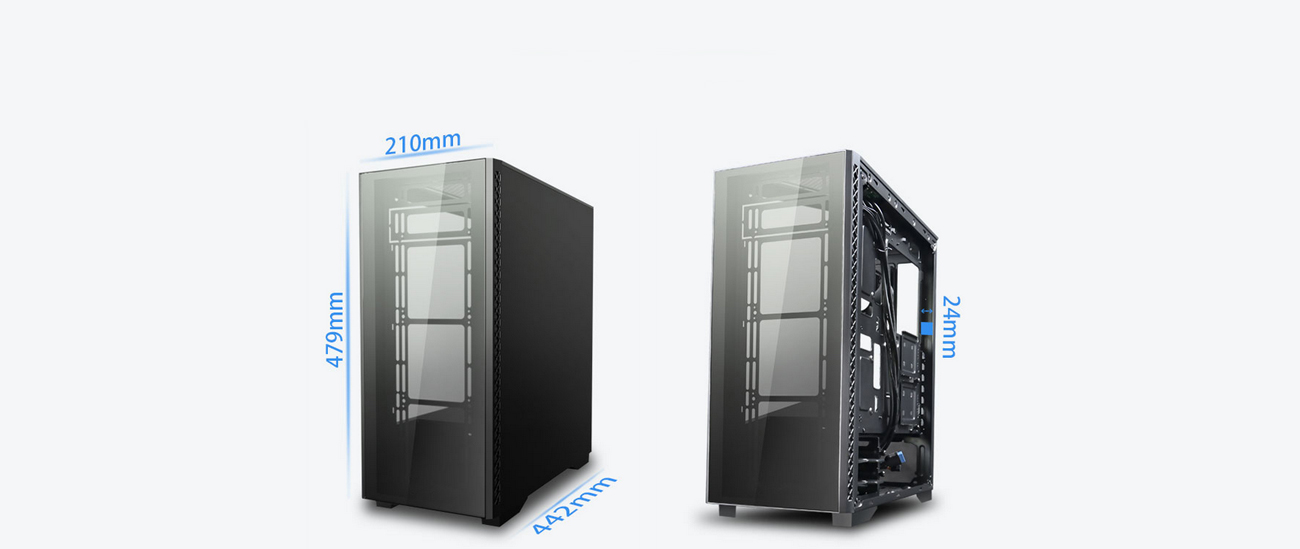 Two MATREXX 50 ADD-RGB 4F Cases Angled to the Left, the One to the Right with Its Side Panel Removed. Each Case Has Blue Text Indicating Dimensions, The Left Case is 210mm length, 479mm height and 442mm depth—The Case with Its SIde Panel Removed Has 24mm of Space for Cables