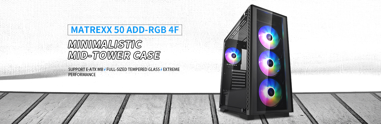 DEEPCOOL MATREXX 50 ADD-RGB 4F Case with Four RGB-Lit Fans, Angled to the Right, Next to Text That Reads: MINIMALISTIC MID-TOWER CASE, SUPPORT E-ATX MB / FULL-SIZED TEMPERED GLASS / EXTREME PERFORMANCE