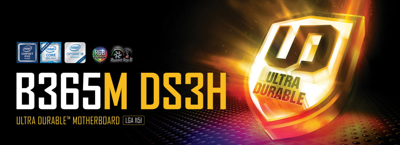 GIGABYTE B365M DS3H motherboard main banner with an Ultra Durable shield inside