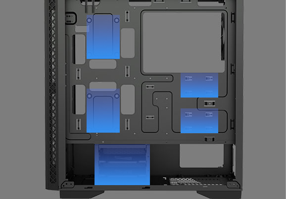 five blue areas in the picture show MATREXX 50 ADD-RGB 4F Case support 4*2.5'' SSD slots and 2* 3.5'' HDD cages