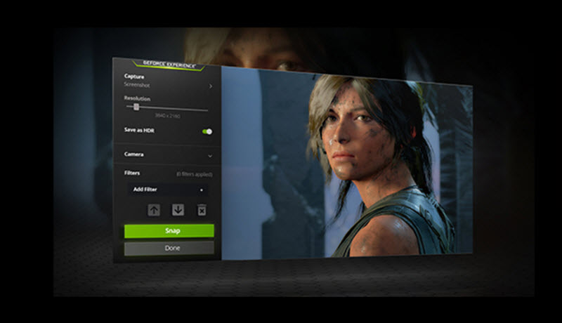 the interface of NVIDIA Ansel software showing the picture of Laura in Tomb Raider