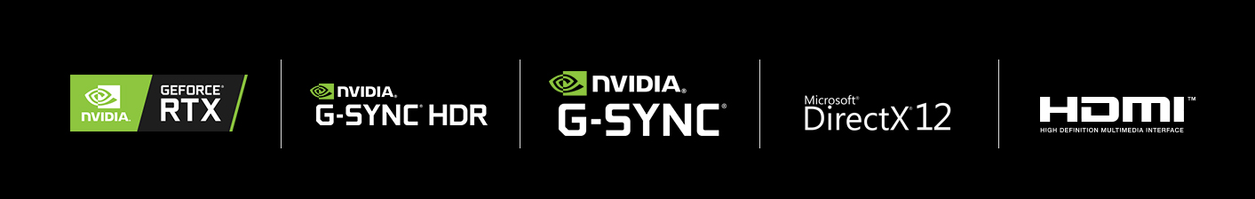 Badges for NVIDIA GeForce RTX, NVIDIA G-SYNC HDR, NVIDIA G-SYNC, Microsoft Direct X 12 and HDMI